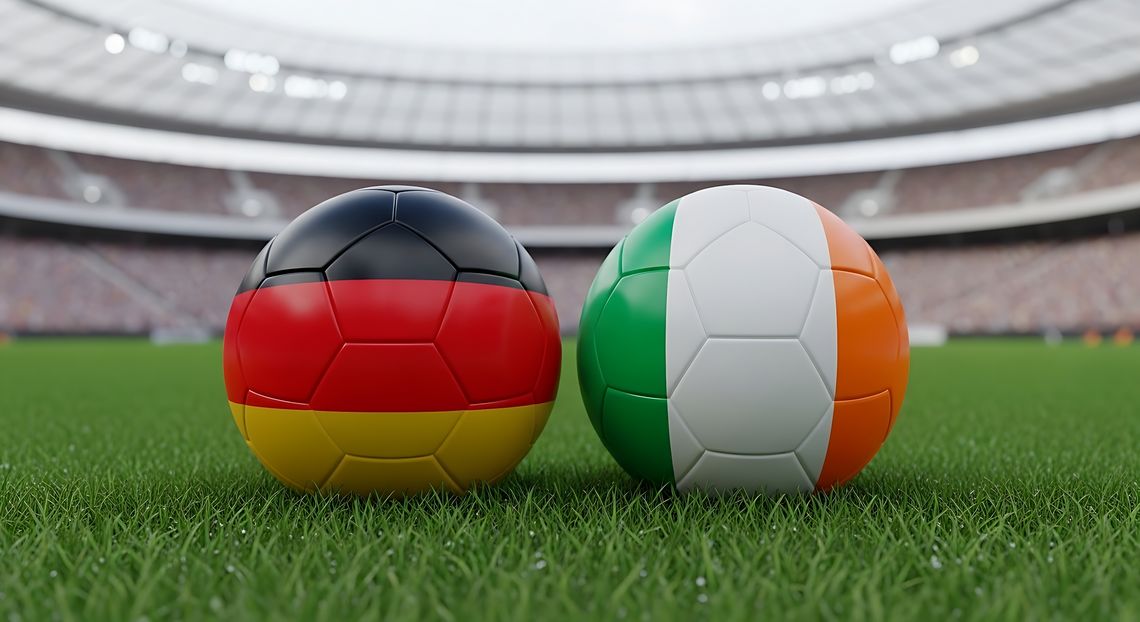 Ein Fußabll in Deutschlandfarben und einen in den Farben der Flagge von der Elfenbeinküste auf einem Fußballfeld