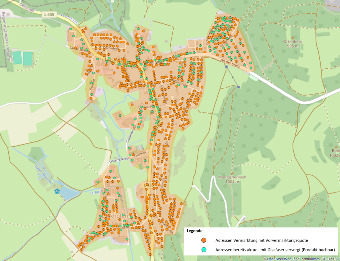 Übersichtskarte der geplanten Adressen, welche einen Glasfaserhausanschluss beauftragen können. Ebenso wird angezeigt, welche Immobilien bereits per Glasfaser angeschlossen sind und ein Produkt der NetCom BW buchen können.